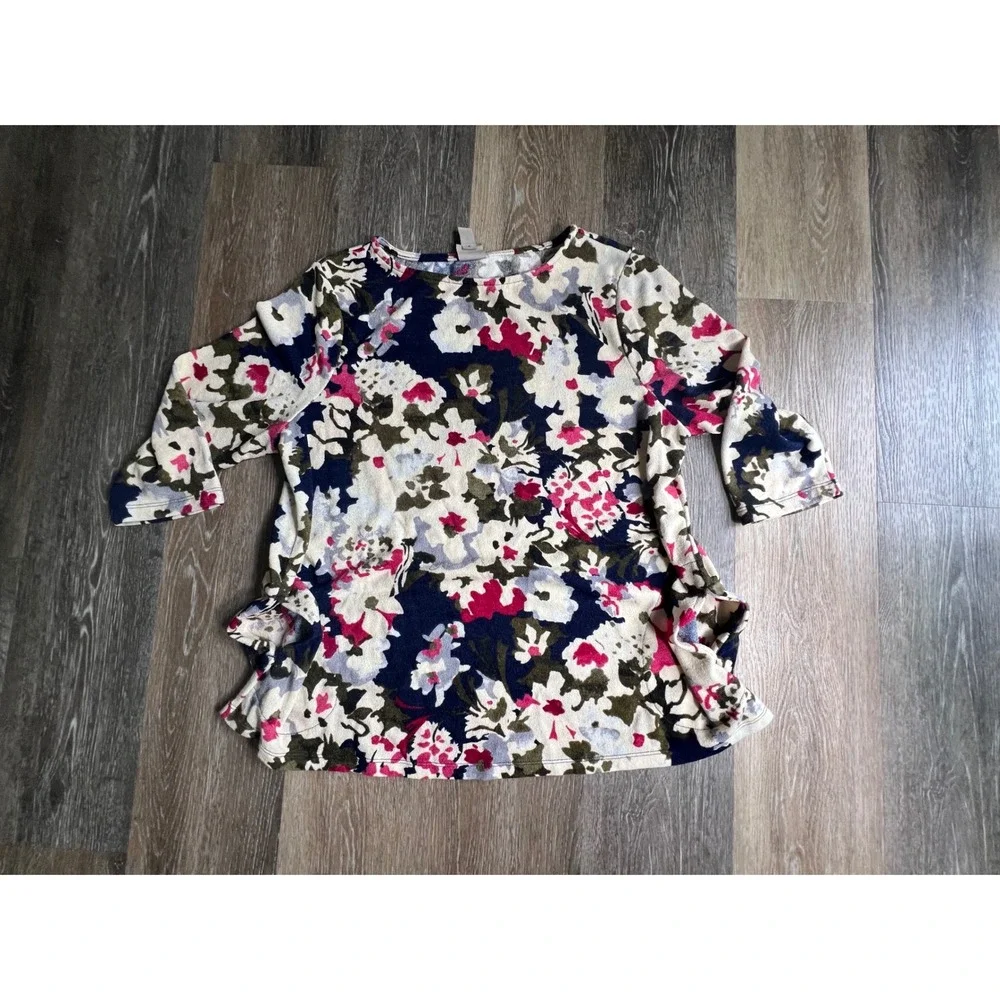 Chico's Floral Knit Top Women‎ 3 XL Multi-Color 3/4 Sleeve Boat Neck Botanical